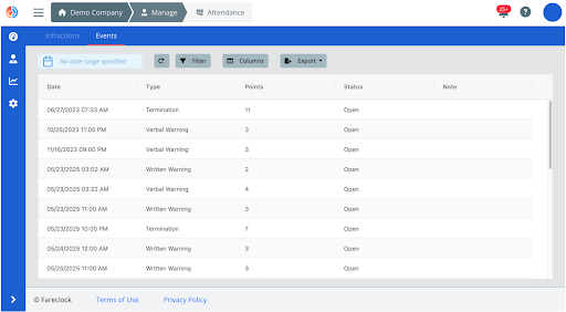 Attendance Infraction Events on Administrator Console