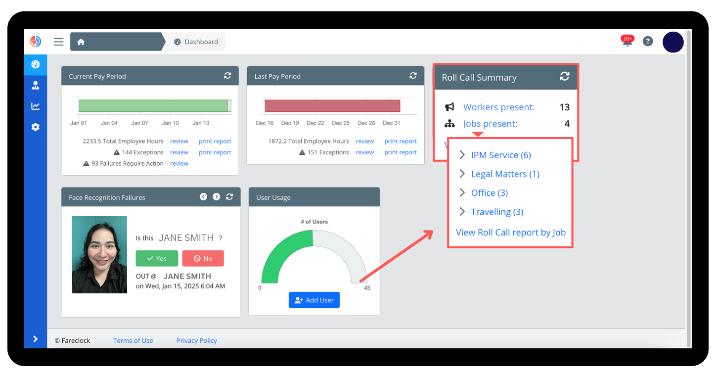 Roll Call Summary on Fareclock Dashboard