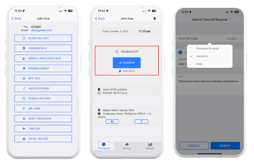 List of Admin Actions on Mobile (Left) Clock IN a Worker (Center) File a Time Off Request for a Worker (Right)