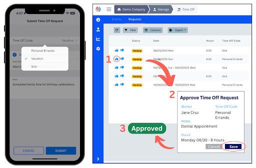 Submit Time Off Request (Left) Approve Requests on the Console (Right)