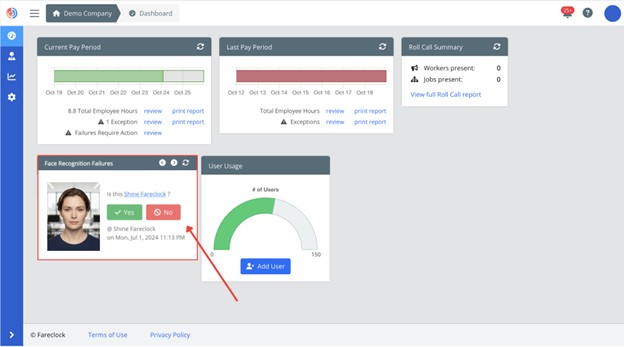 Face Recognition Failure Window on Organization Dashboard