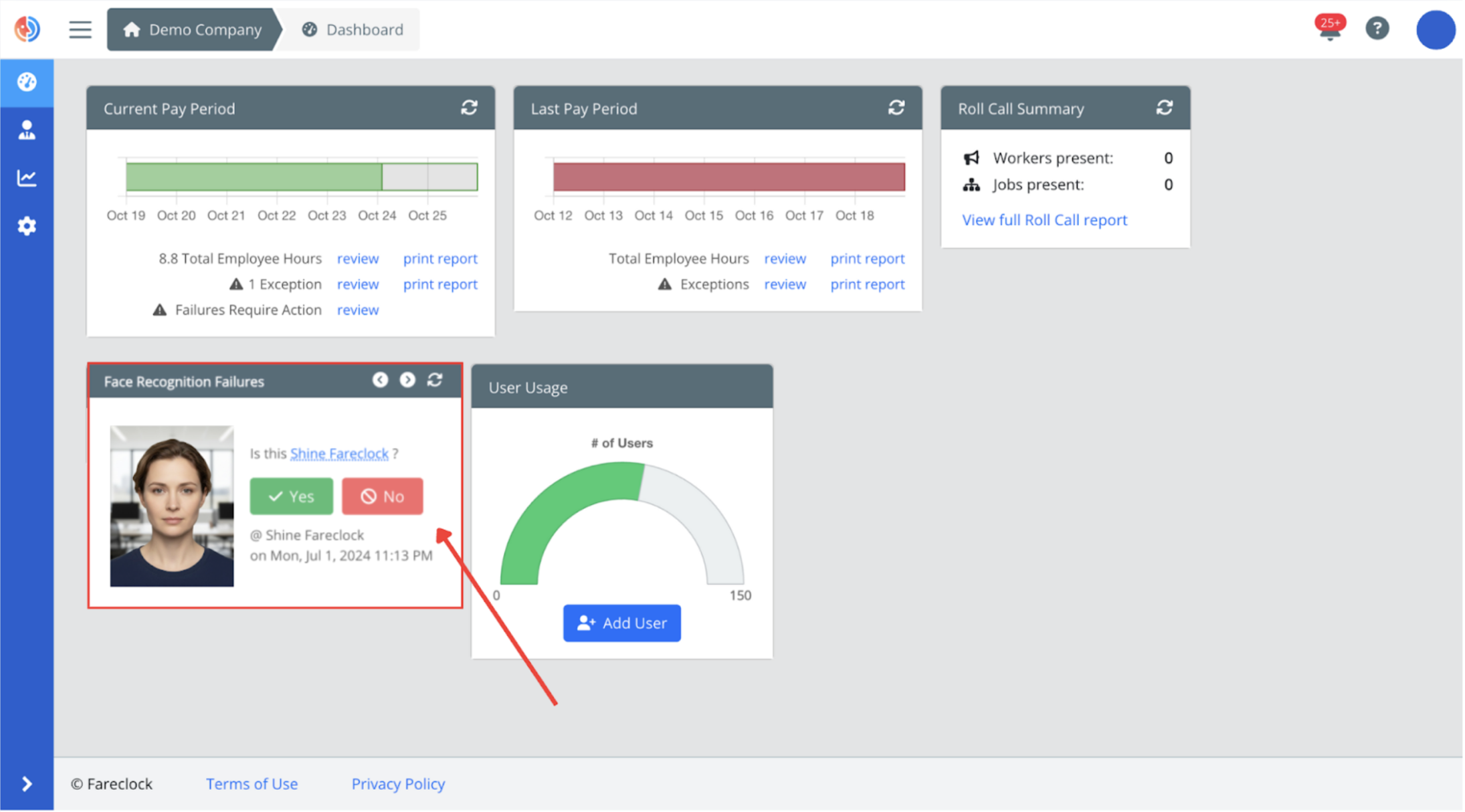 Feature Preview Face Recognition Failure Window on Organization Dashboard