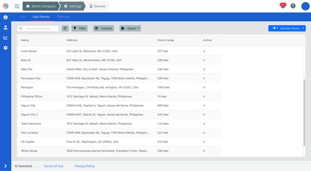 Geo Fences Window on Organization Console