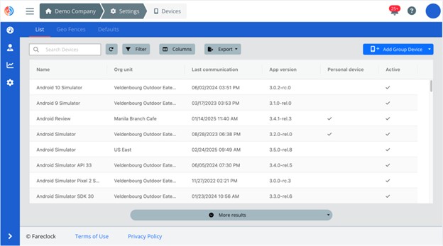 List of Group Devices on Organization Console
