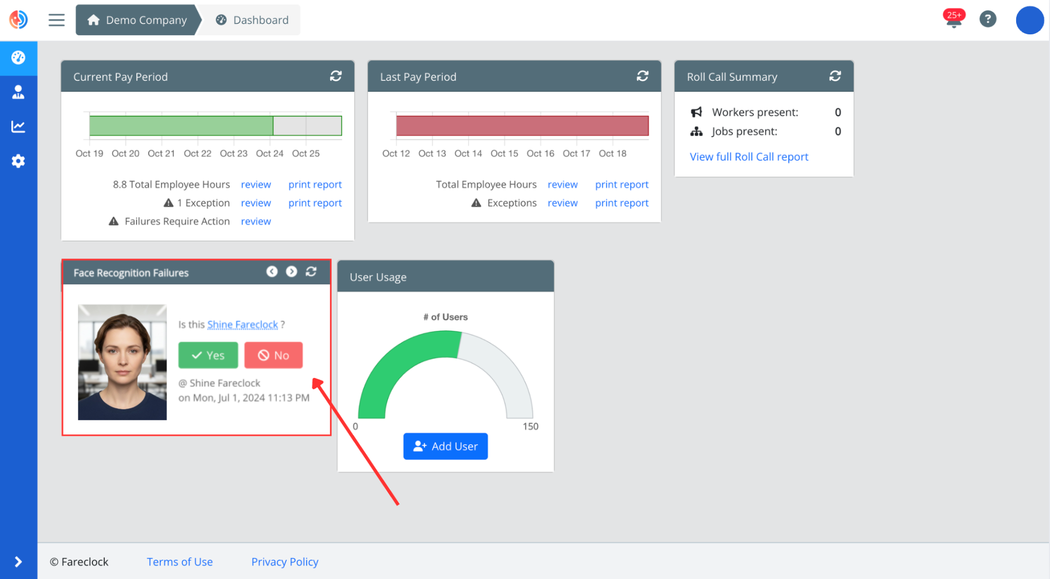 Face Recognition Failure Window Alert on Fareclock Dashboard Face Recognition Failure Window Alert on Fareclock Dashboard
