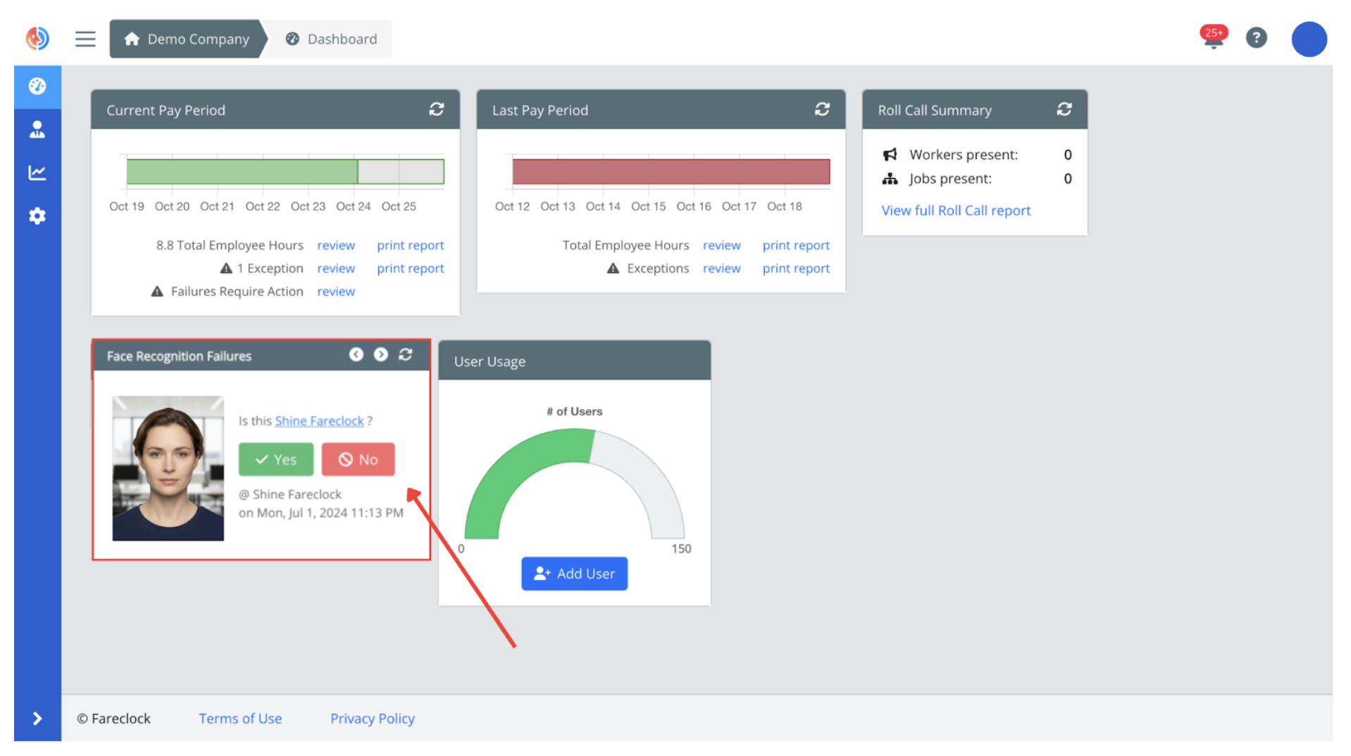 Facial Recognition Failure Window on the Organization Dashboard Facial Recognition Failure Window on the Organization Dashboard
