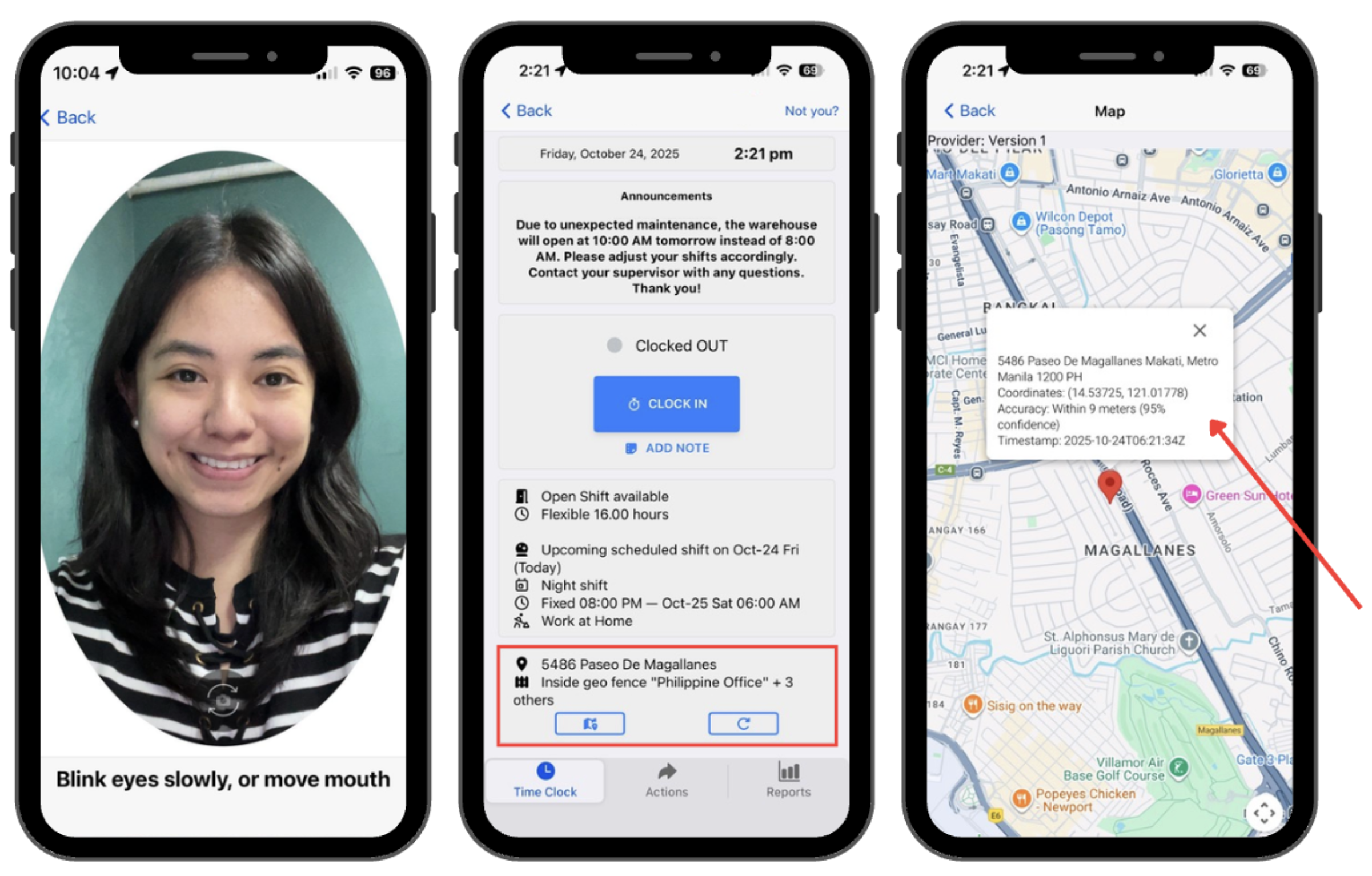 Facial Recognition (Left), GPS-enabled Punch Logs (Center), and Map View (Right) Facial Recognition (Left), GPS enabled Punch Logs (Center), and Map View (Right)