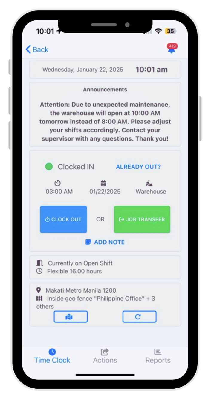 Worker Screen on the Fareclock App Worker Screen on the Fareclock App