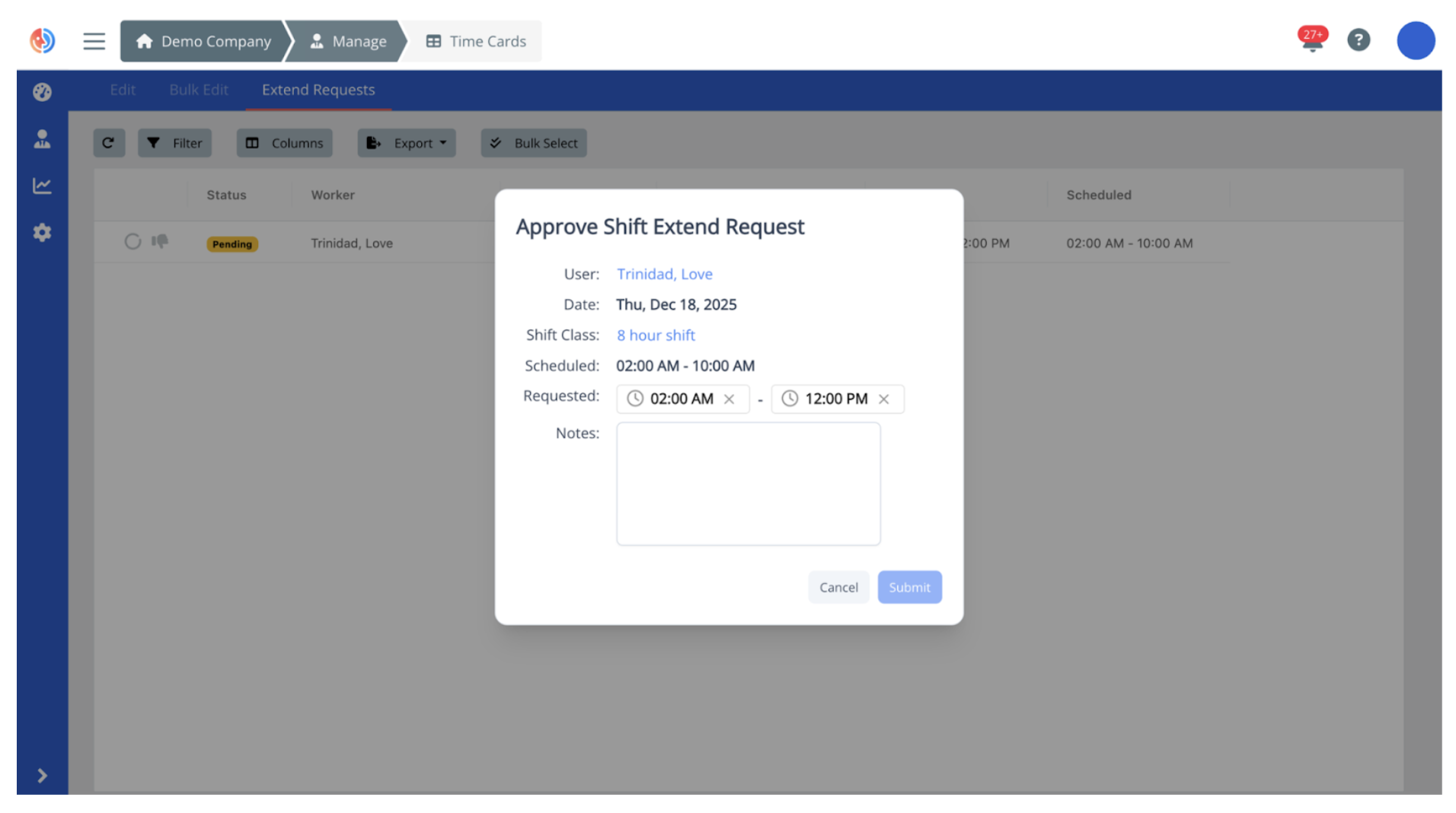 Approve Shift Extend Request on Manage Time Cards Approve Shift Extend Request on Manage Time Cards