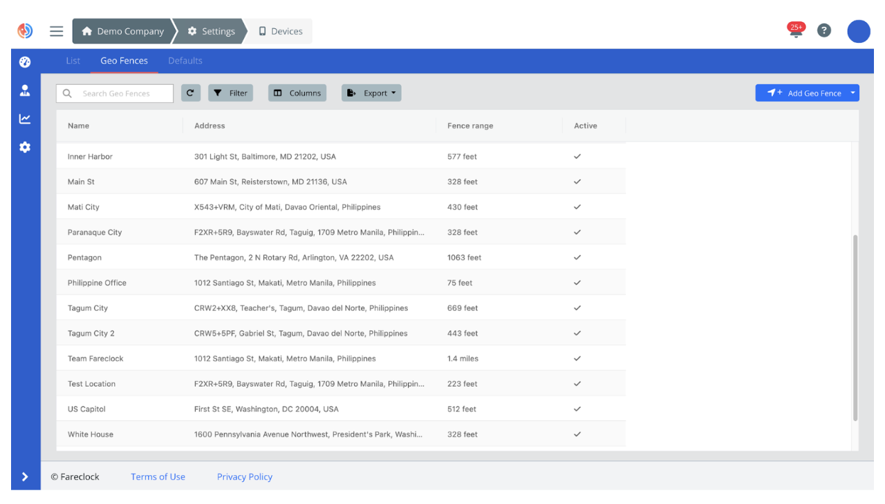 List of Device Geofences on the Fareclock Organization Console List of Device Geofences on the Fareclock Organization Console