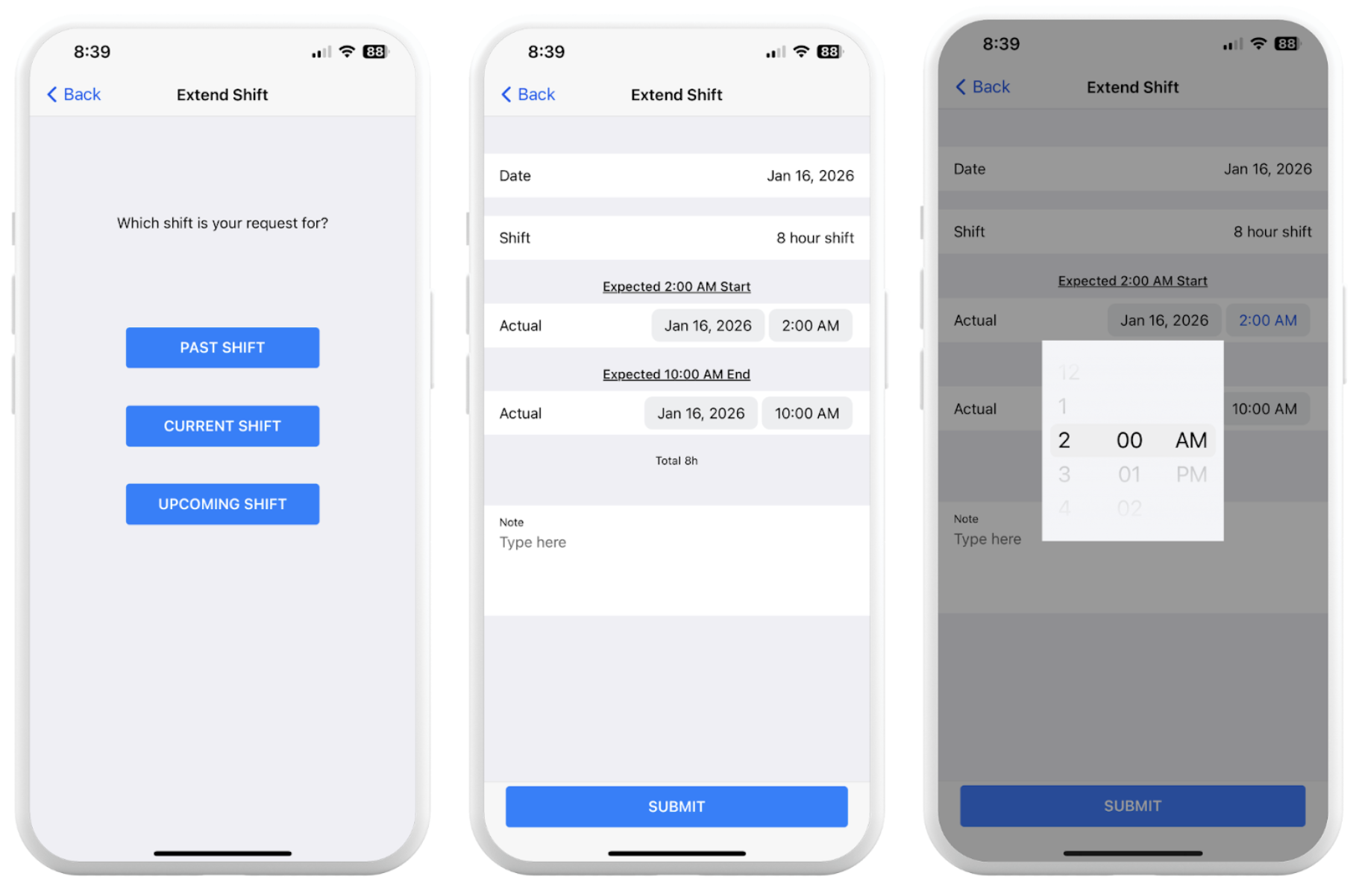 Shift Extension Requests on the Fareclock Mobile Application (a) Shift Extension Requests on the Fareclock Mobile Application (a)