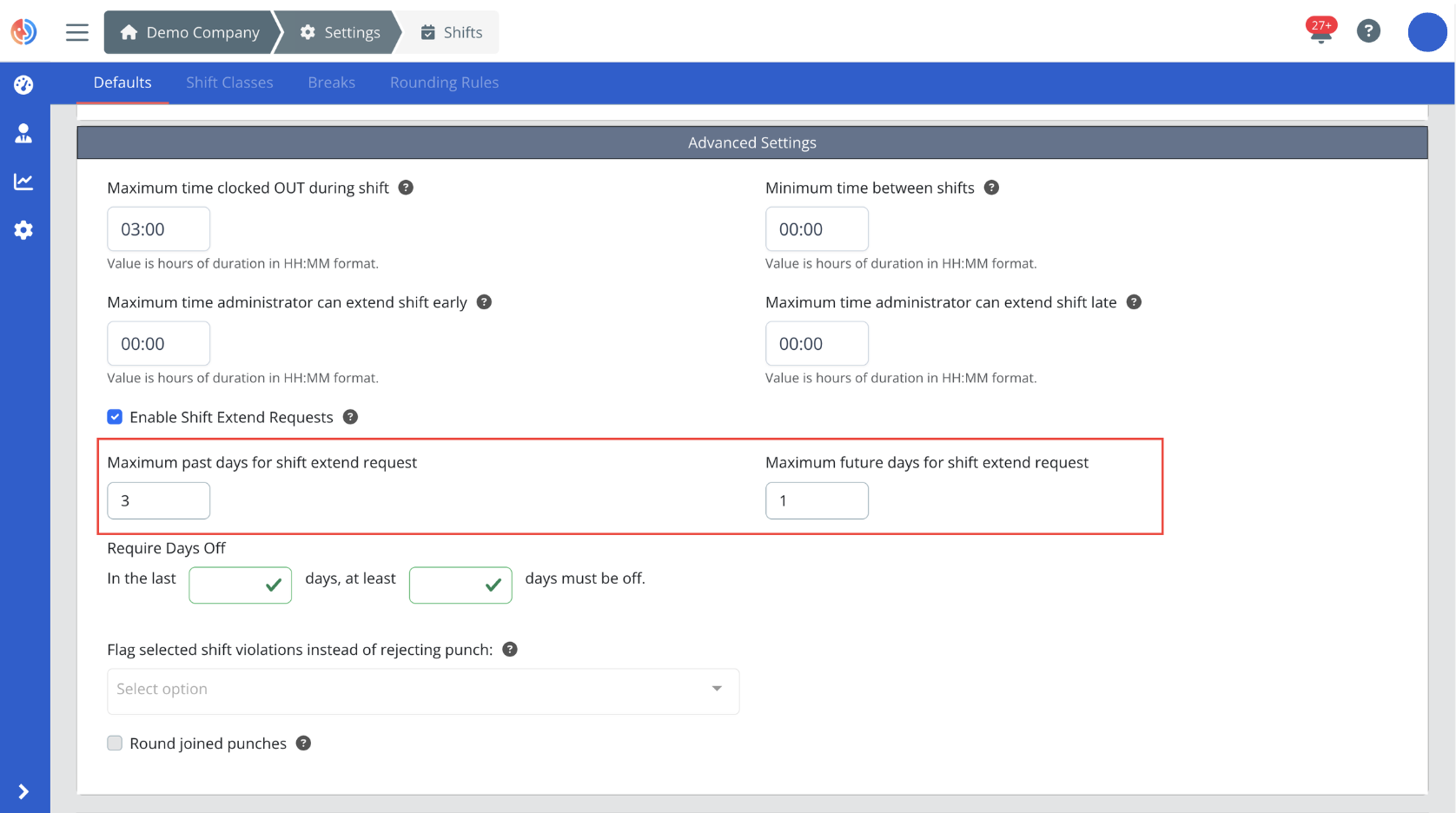 Advanced Settings for Shift Extensions on the Fareclock Console Advanced Settings for Shift Extensions on the Fareclock Console