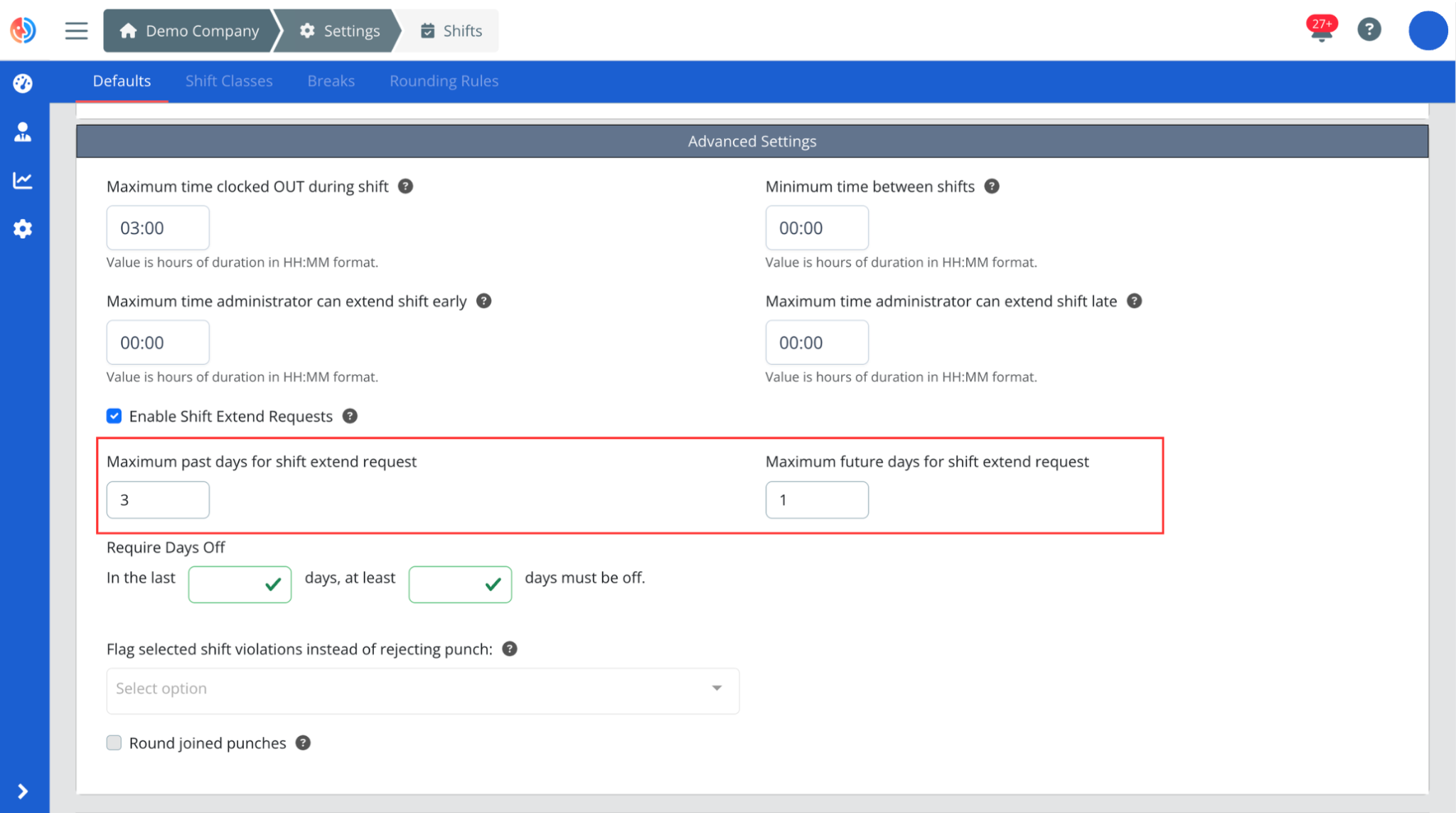 Advanced Settings for Shift Extensions on the Fareclock Organization Console Advanced Settings for Shift Extensions on the Fareclock Organization Console