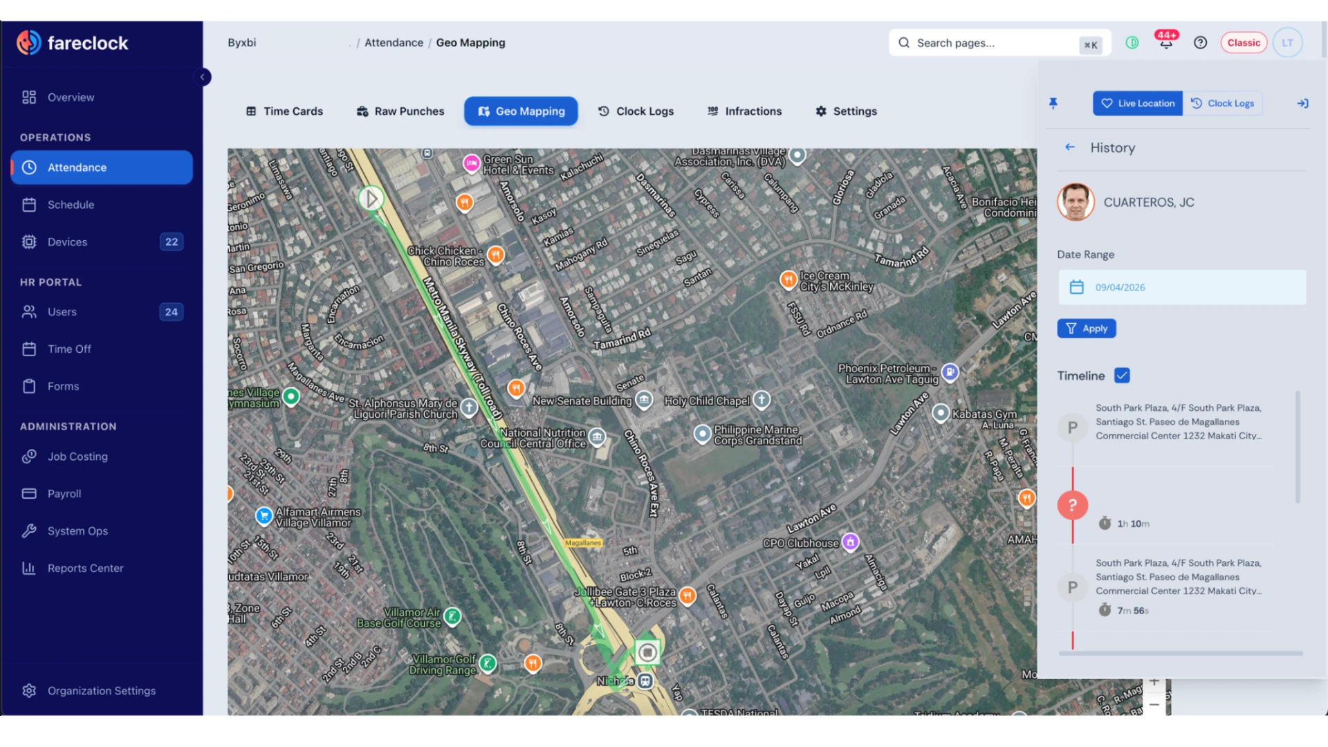 Fareclock breadcrumb history Fareclock breadcrumb history showing a worker's location trail