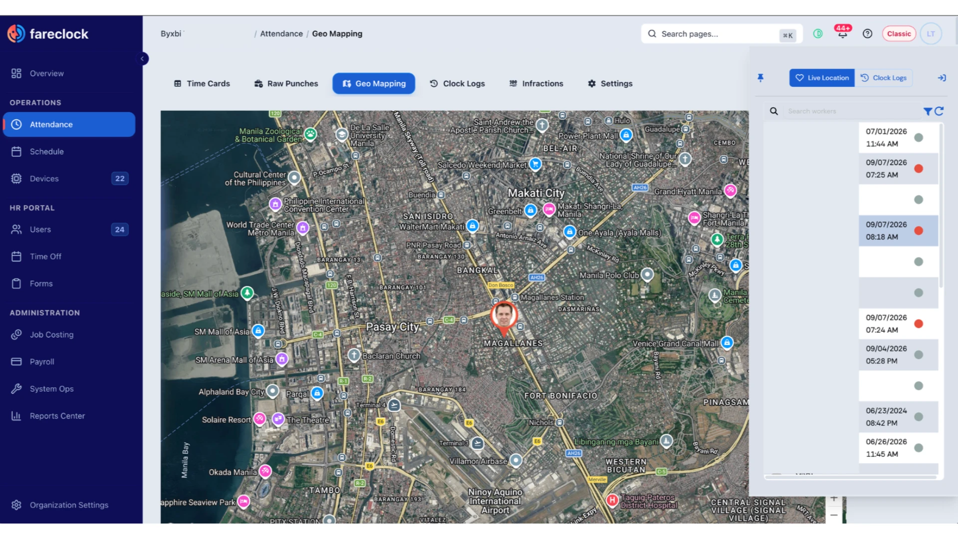 Fareclock GPS tracking showing worker location visibility