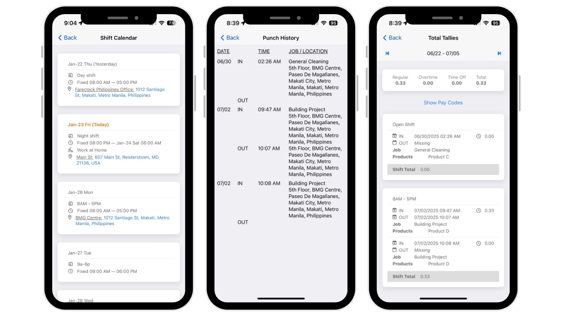 Fareclock mobile app Fareclock mobile app showing schedules and punch history
