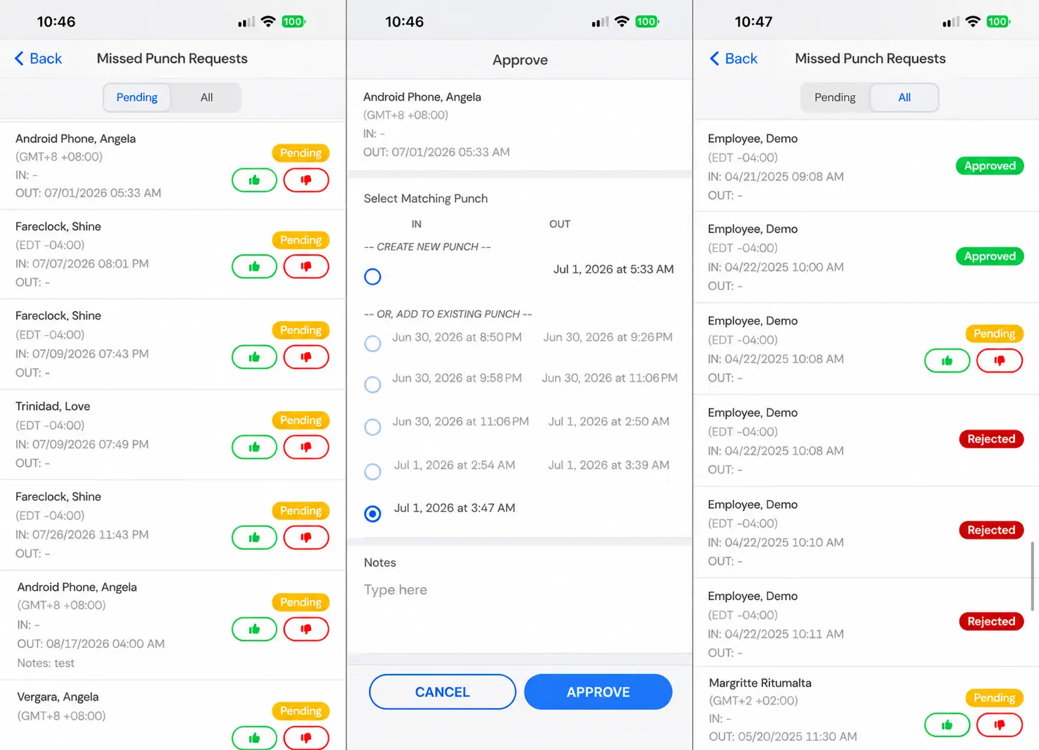 fareclock_three_screens_optimized Missed Punches on the Fareclock Mobile App